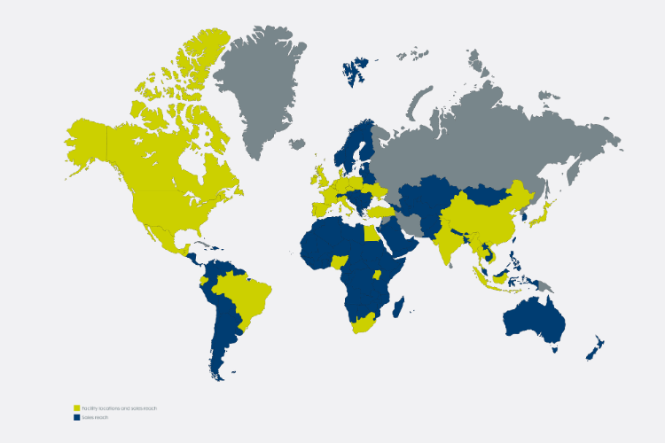 World map showing the Trouw Nutrition facility locations and sales reach